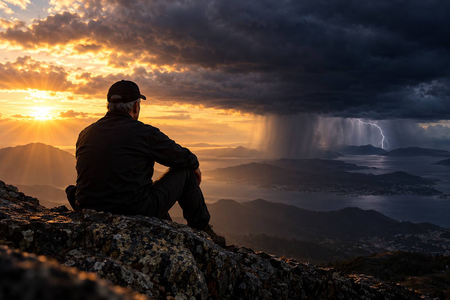 A lone person sits on a rocky mountain overlook between golden sunlight and an approaching thunderstorm, symbolizing resilience and self-trust during uncertain times.