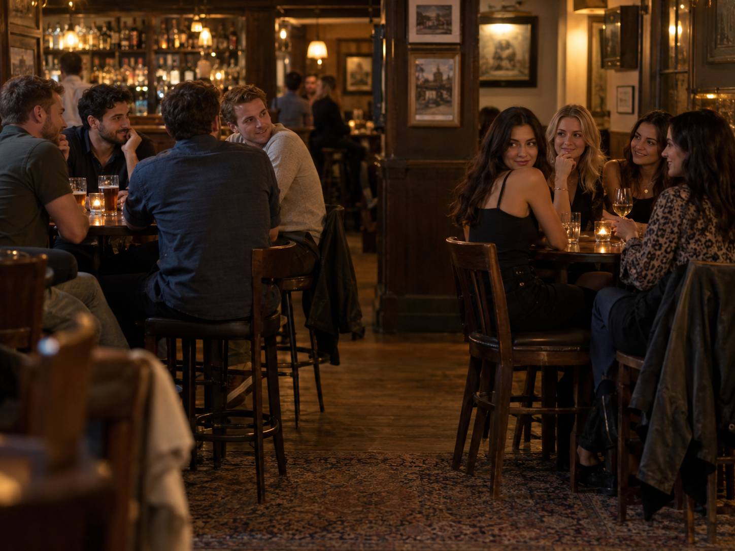 Men and women sitting in separate groups at a neighborhood pub, exchanging hesitant glances but too nervous to start a conversation.