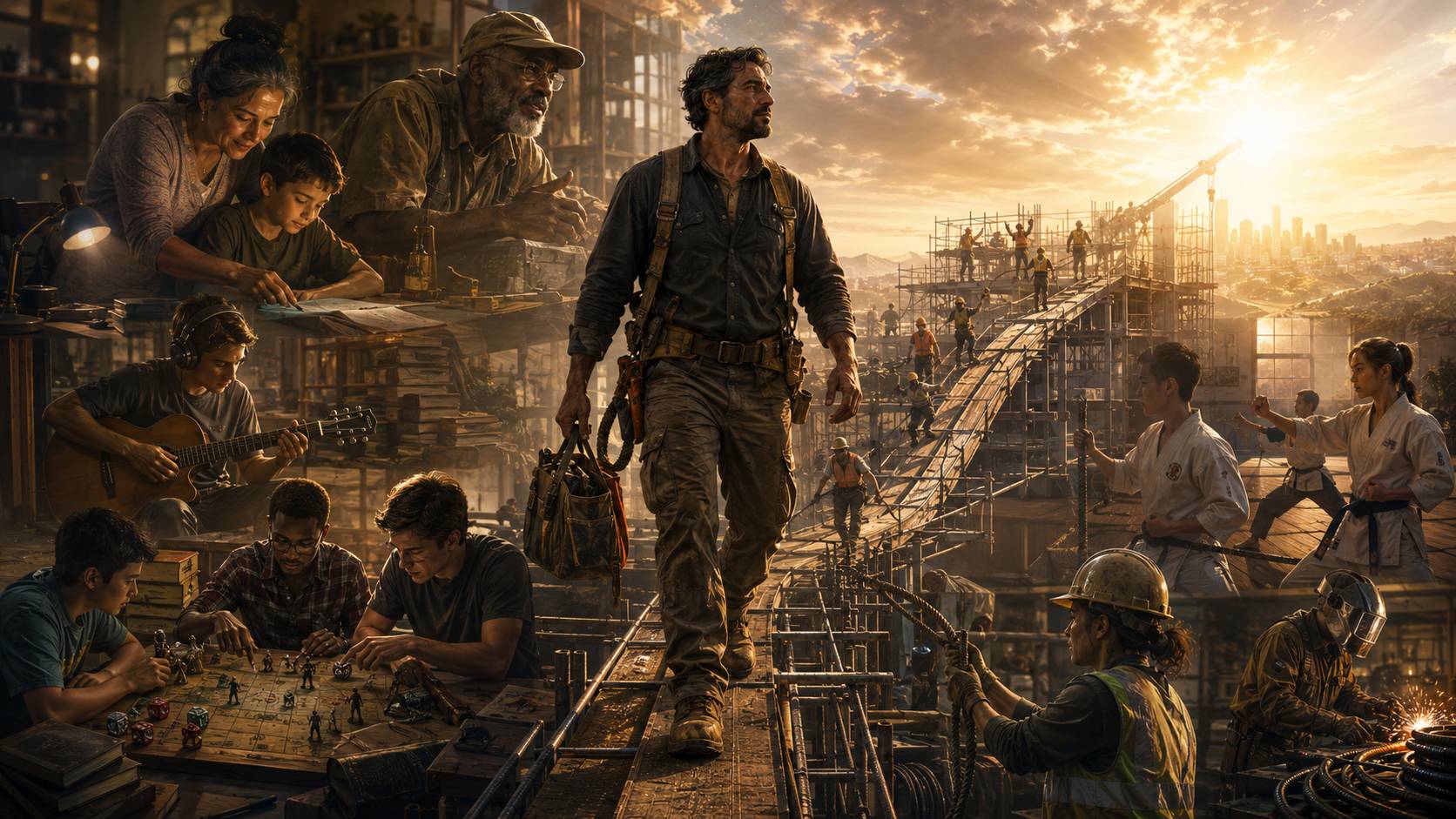 A construction worker walks forward surrounded by scenes of family, mentors, gaming, martial arts, and fellow tradespeople who helped shape his journey.