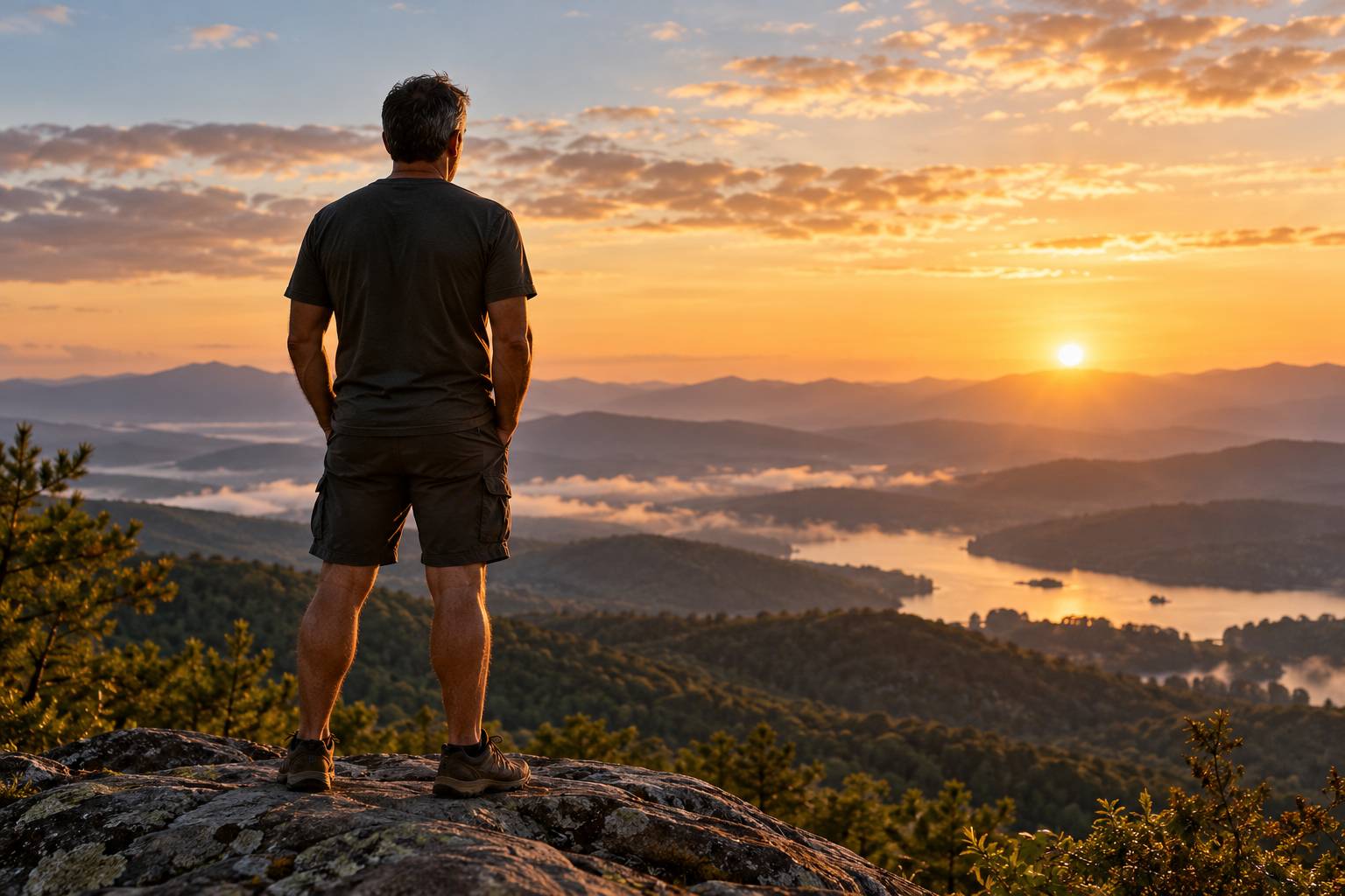 Man standing on a rocky mountain overlook at sunrise, gazing across a forested valley, lake, and distant mountains.