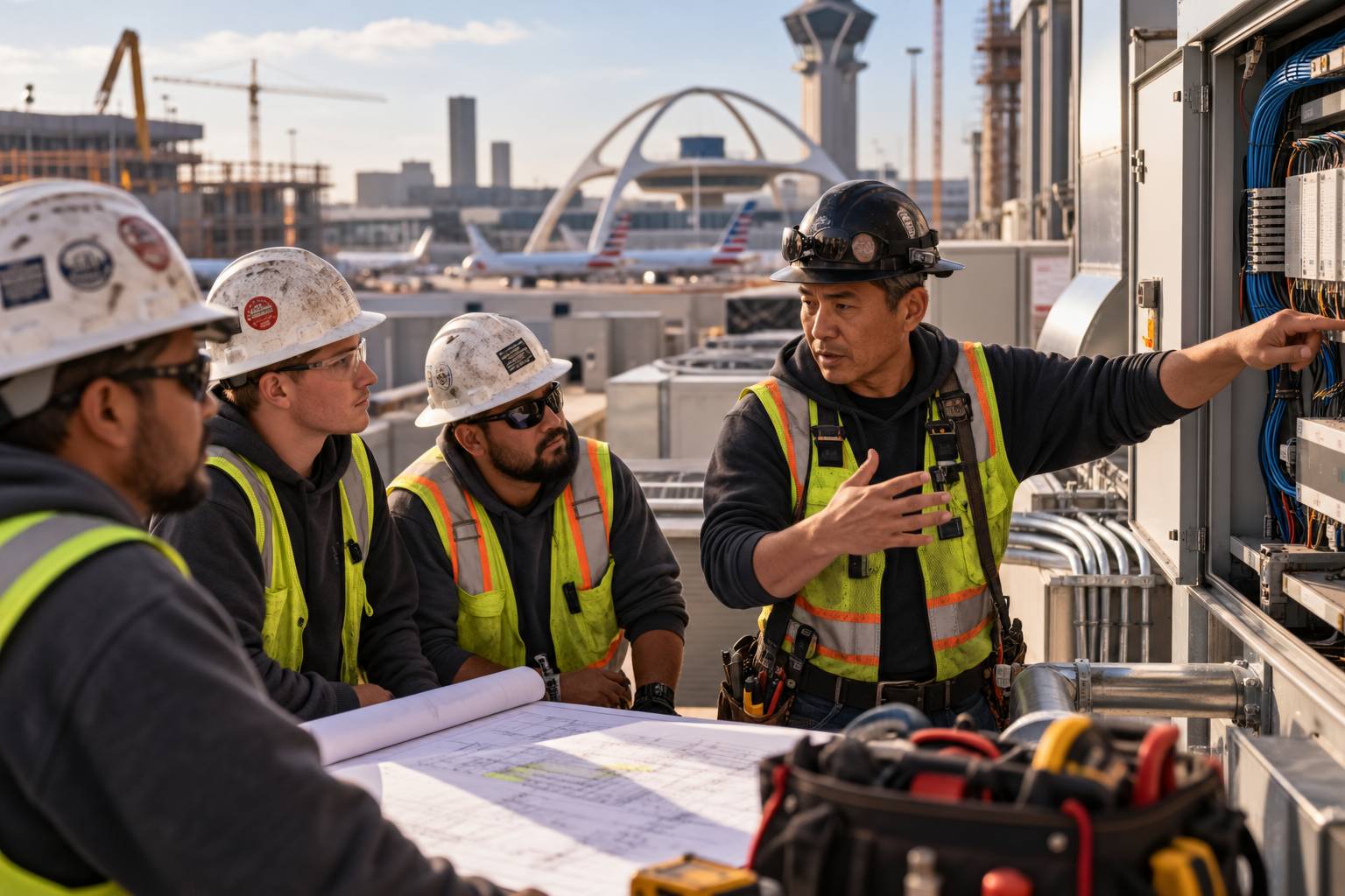 Experienced electrician teaching a construction crew how an electrical control system works on a large airport project.