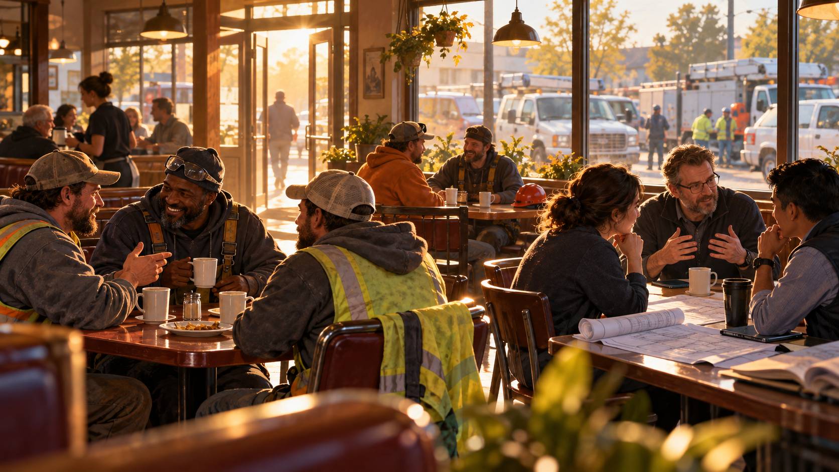 A busy morning café filled with construction workers, tradespeople, and project managers talking over coffee, illustrating how everyday small talk can develop into deeper conversations about ideas, values, and relationships.