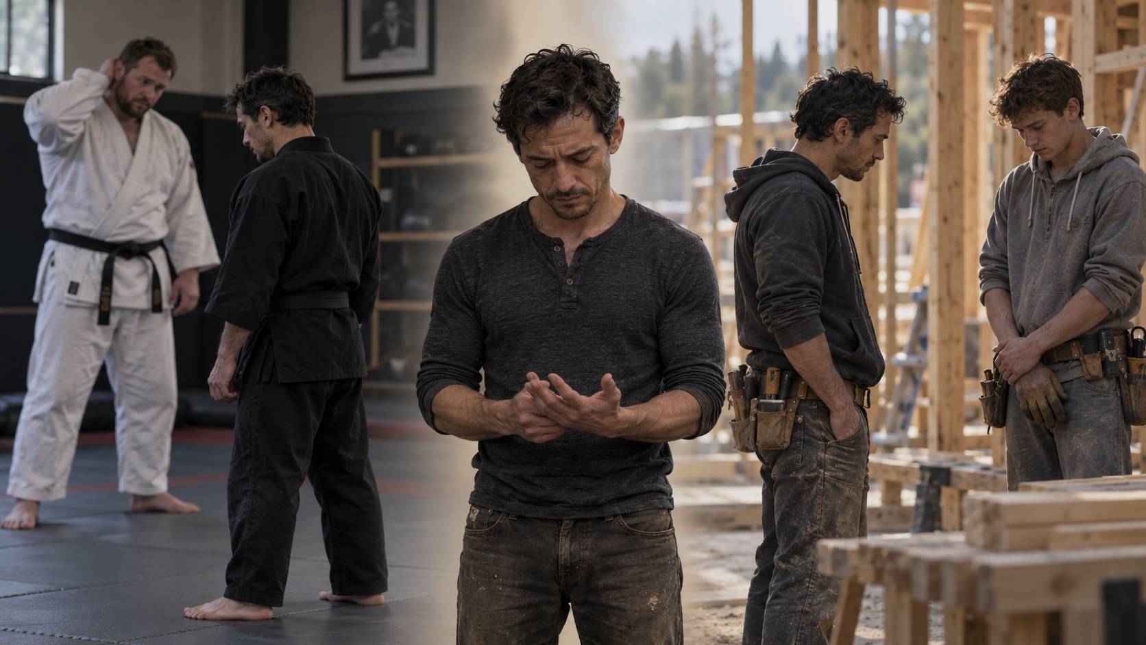 A reflective man standing between a martial arts dojo and a construction jobsite, considering how strength and intensity can affect the people around him.