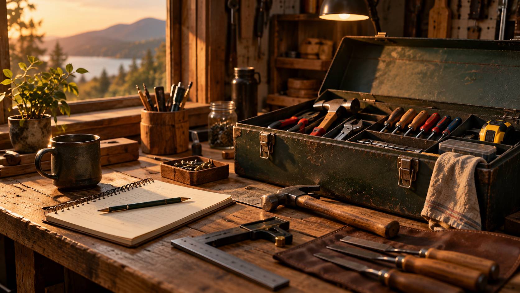 An organized toolbox and workbench representing practical knowledge, problem-solving skills, and the mental tools we develop through experience and practice.