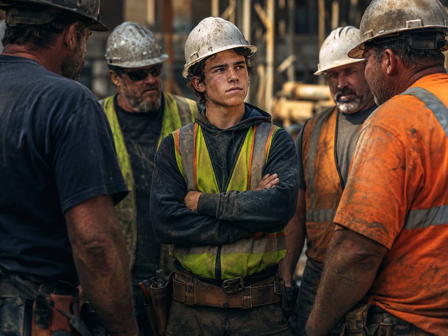 Young construction apprentice standing calmly among older, larger workers, representing self-leadership, conviction, discipline, and composure under pressure.