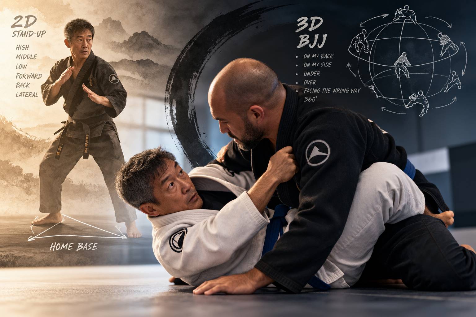 Older martial artist transitioning from a standing fighting stance into Brazilian jiu-jitsu ground grappling, illustrating how familiar principles must adapt to new geometry.