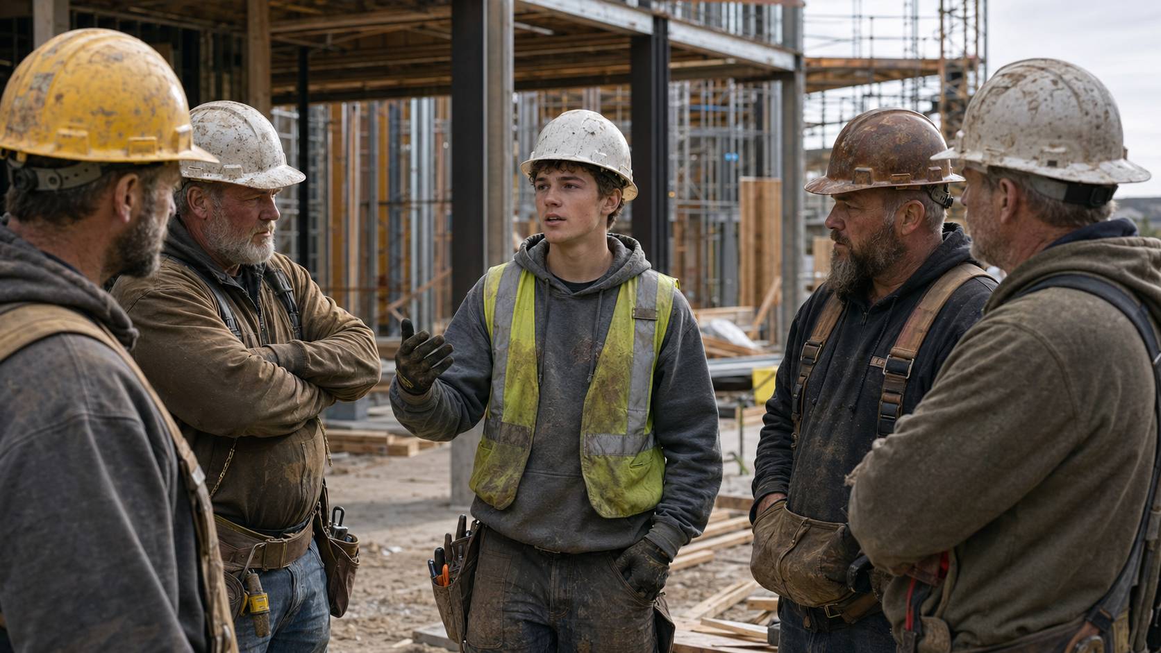 Young construction apprentice calmly leading a conversation with older, more experienced workers on a construction site, illustrating conviction, character, and leadership under pressure.
