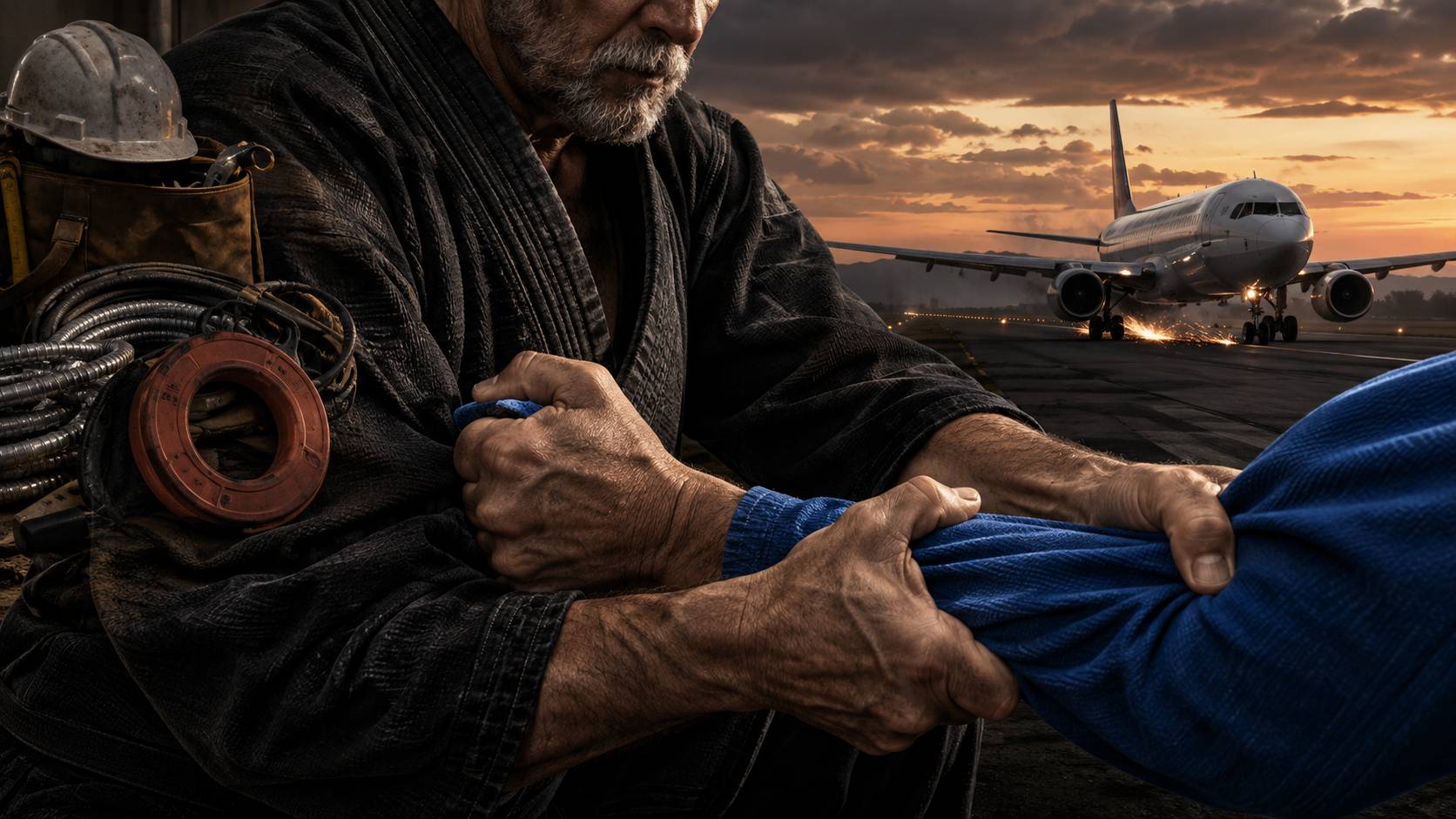 Two martial artists gripping during Brazilian jiu-jitsu training with a passenger jet landing in the background.