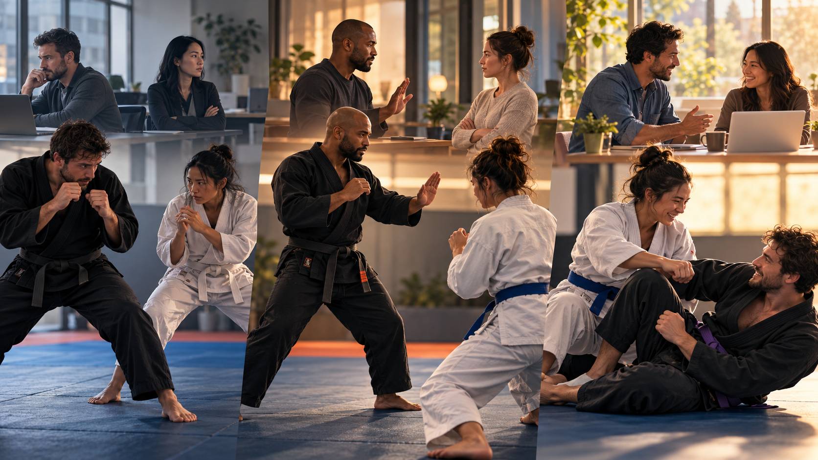 Three scenes of martial arts training and workplace relationships illustrate cautious trust, setting boundaries, and open cooperation between people.