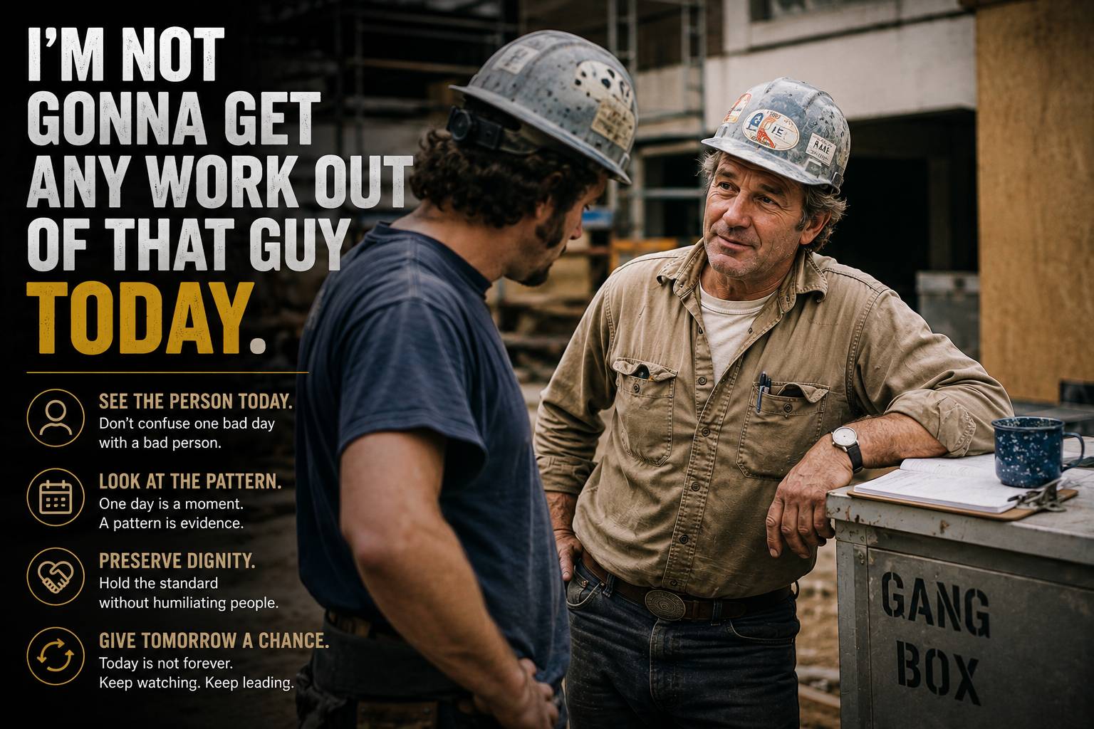 Construction foreman speaking with a worker beside a gang box on a jobsite, illustrating leadership, dignity, and judging performance over time.