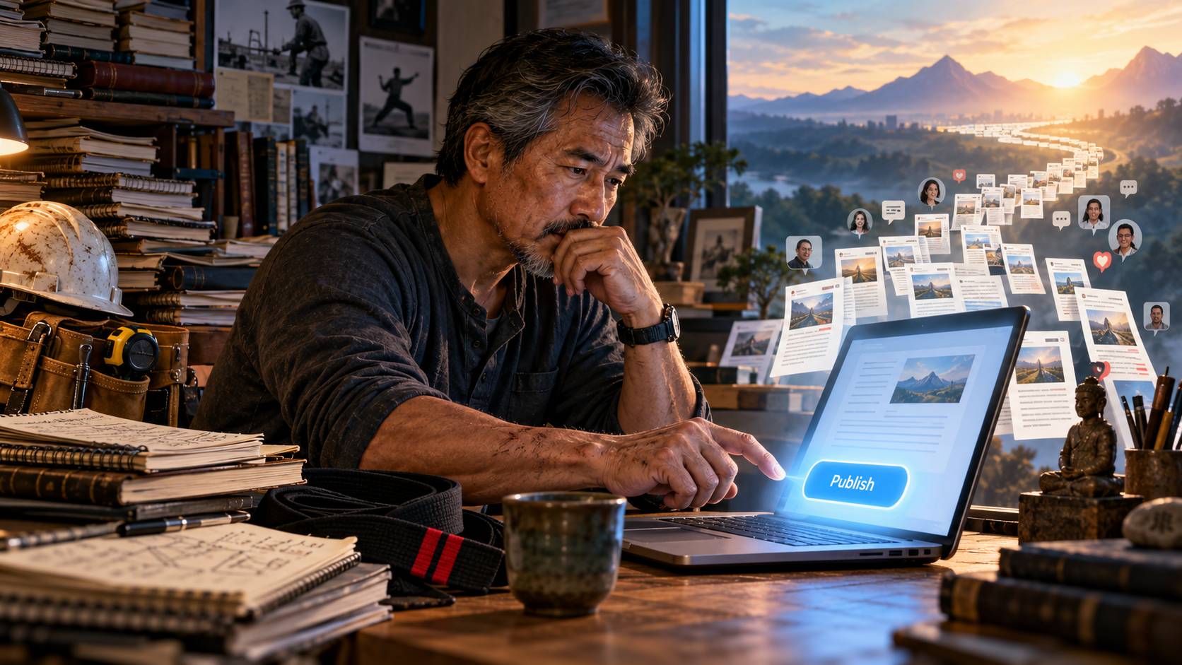 A hesitant writer with a construction and martial arts background reaches toward a glowing Publish button as hundreds of articles extend toward the horizon.