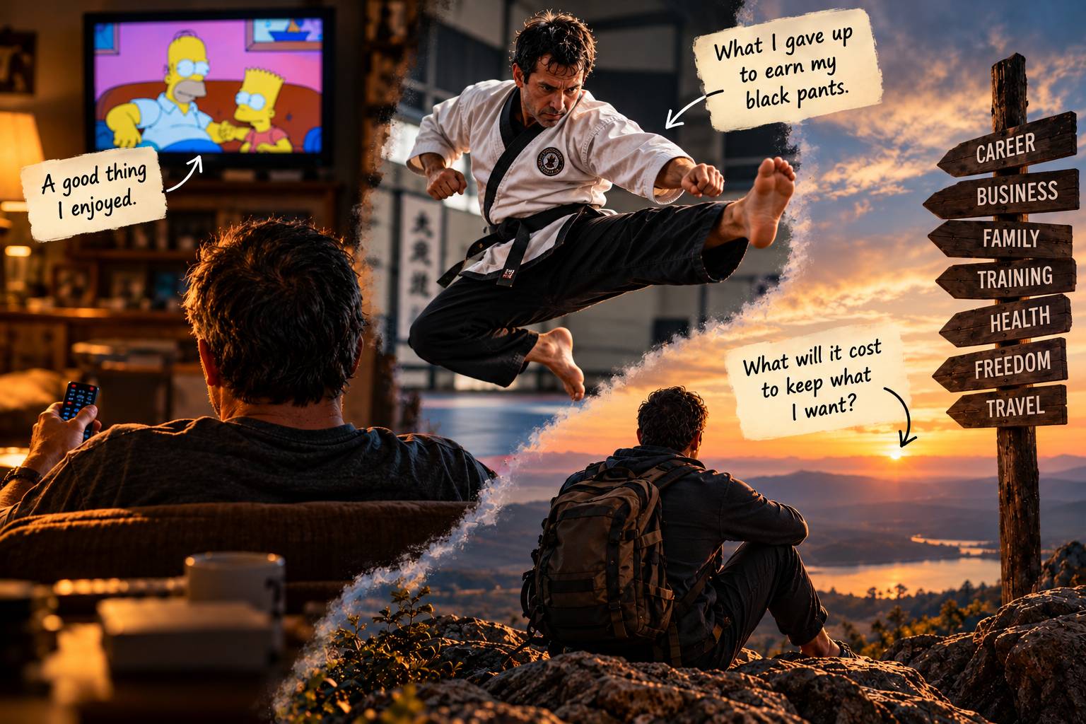 Composite illustration of a man watching television, a Hapkido black belt performing a jumping kick, and a traveler beside a signpost representing choices about career, family, health, and freedom.