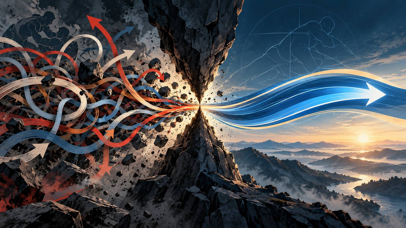 Tangled paths squeeze through a rocky bottleneck, emerging as a smooth blue stream flowing toward the sunrise.