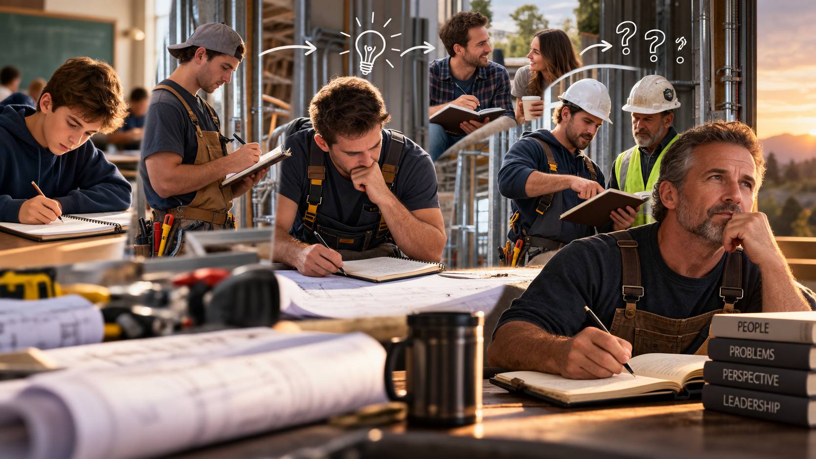 Cinematic collage of electricians studying plans, exploring different solutions, and reflecting on leadership and problem-solving at a construction site.