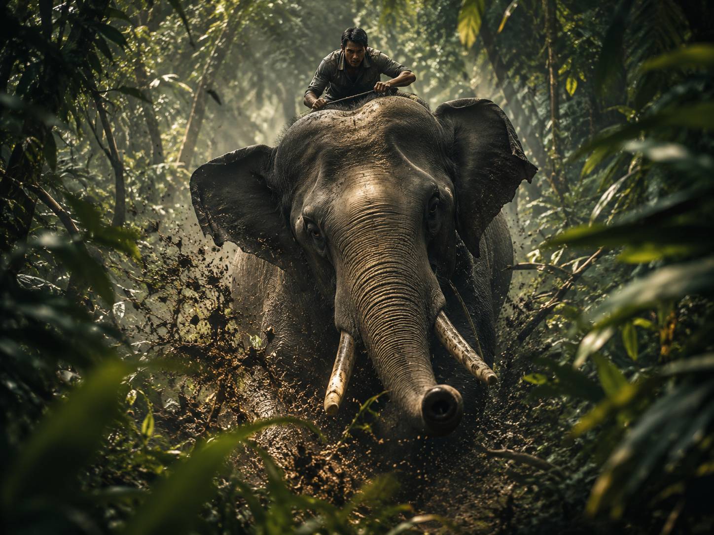 A rider struggles to control a charging elephant running through dense jungle, symbolizing the tension between conscious thought and powerful emotional impulses.