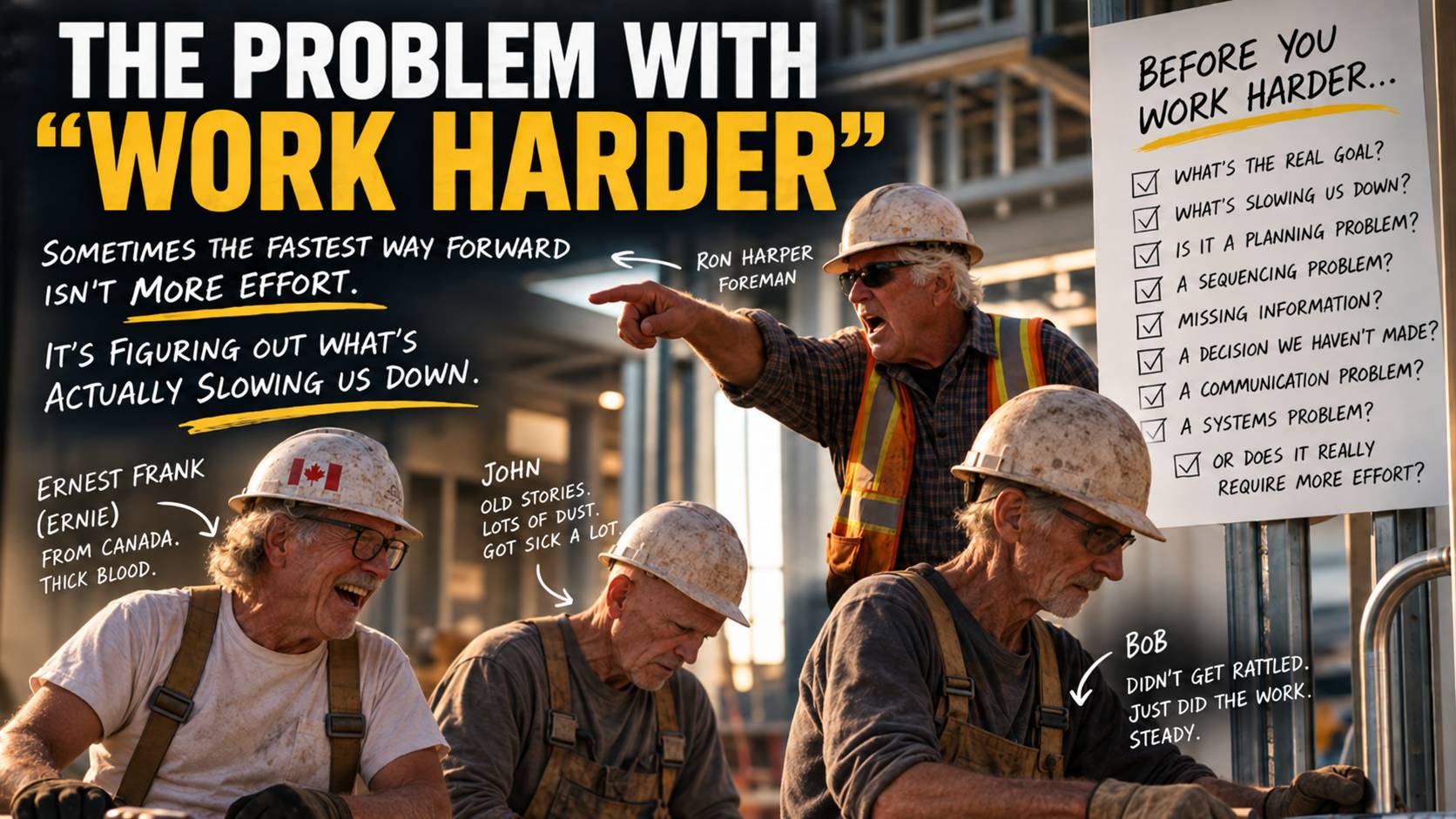 Older construction workers on a jobsite showing the contrast between pressure-driven work and calm, steady execution, illustrating the leadership lesson to diagnose problems before working harder.