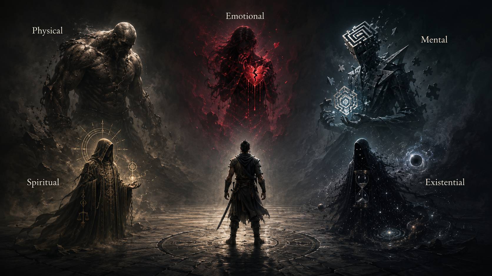 A lone warrior surrounded by five symbolic enemies representing physical, emotional, mental, spiritual, and existential discomfort.