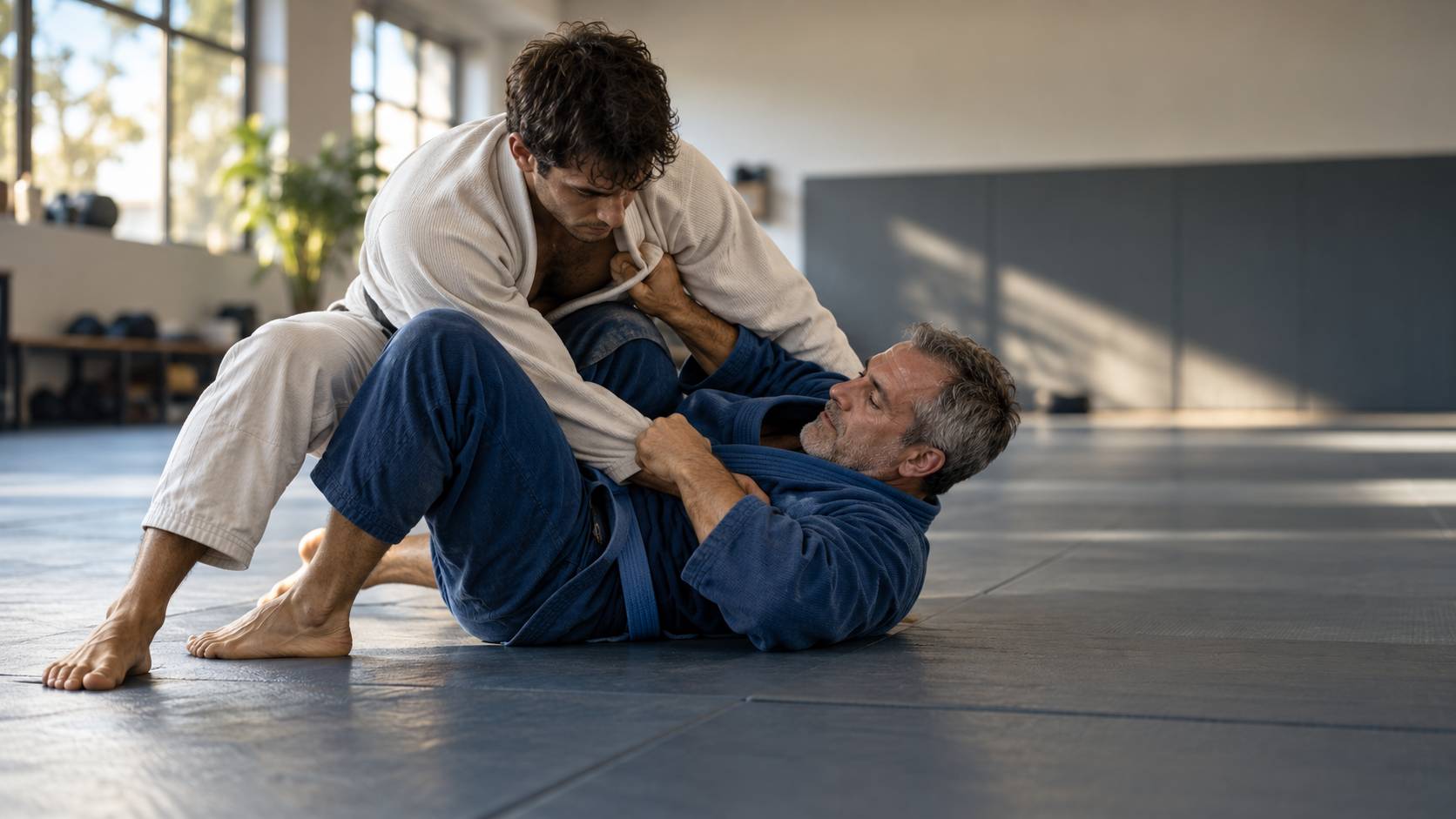 Two adult Brazilian jiu-jitsu practitioners train in a sunlit martial arts academy. The practitioner underneath uses defensive frames while working to escape an inferior position, illustrating the progression from surviving pressure to developing skills, 