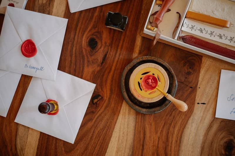 Envelopes sealed with wax on a wooden table.