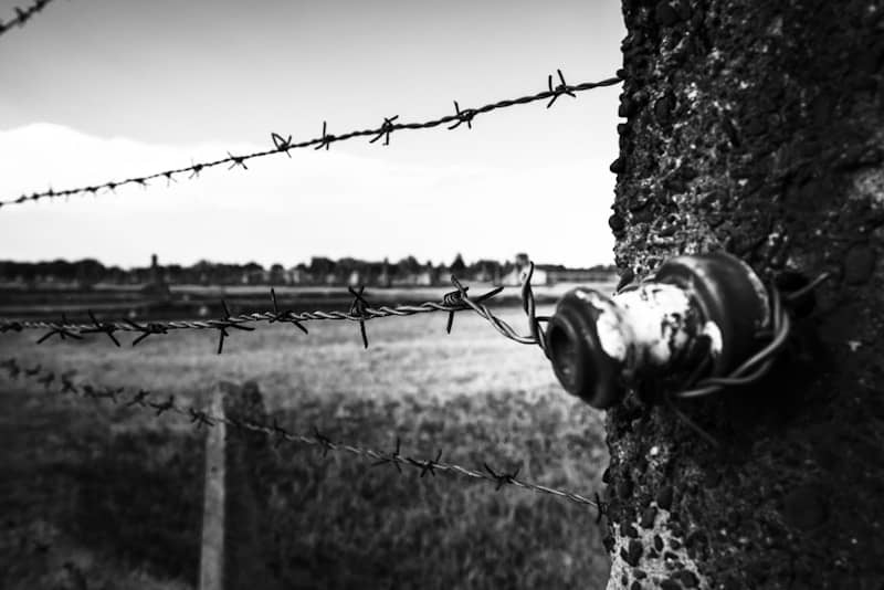 A black and white photo of a fire hydrant on a barbed wire fence