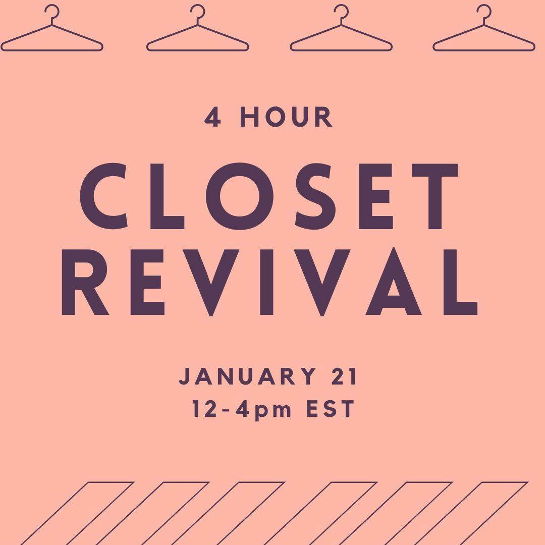 pink box with text 4 hour closet revival party
