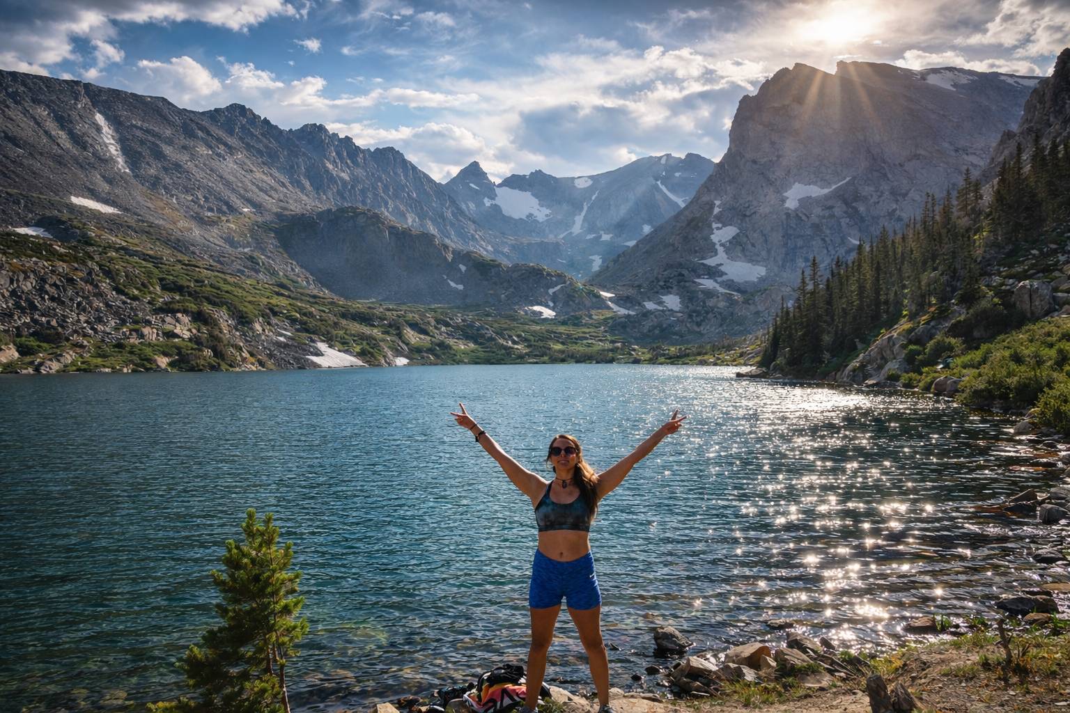 this is an AI enhanced photo of Brielle Bataille at an alpine lake near boulder colorado 