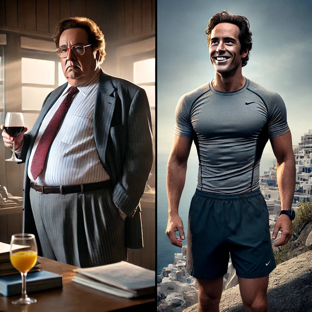 The image is a split-screen comparison of two men. On the left, a man in a formal suit stands in an office, holding a glass of red wine. A table in front of him has a glass of orange juice and some documents. On the right, a fit man in athletic wear, cons