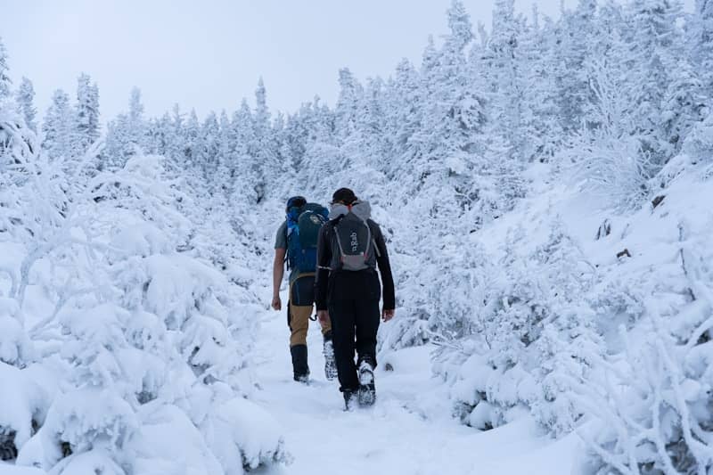 Two hikers walk through a snow-covered forest trail.