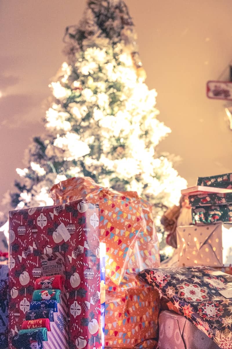 Wrapped christmas presents in front of a decorated tree