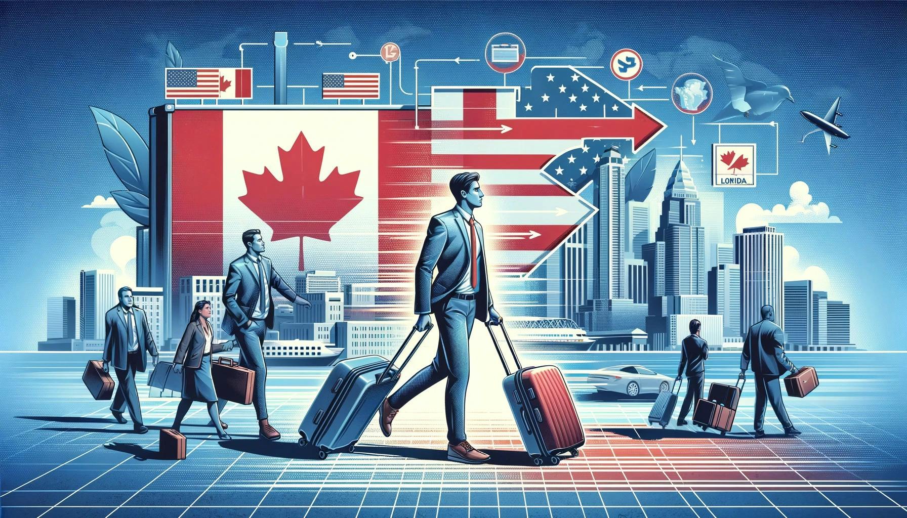 This vibrant image illustrates the movement of Canadians to the United States. It features people carrying suitcases and belongings, with the backdrop transitioning from a Canadian cityscape to an American city. Visual elements include arrows pointing fro