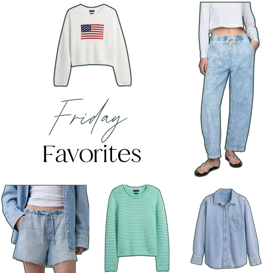 Friday Favorites collage featuring a white American flag sweater, light-wash denim joggers and shorts, a green striped sweater, and an oversized denim button-down shirt