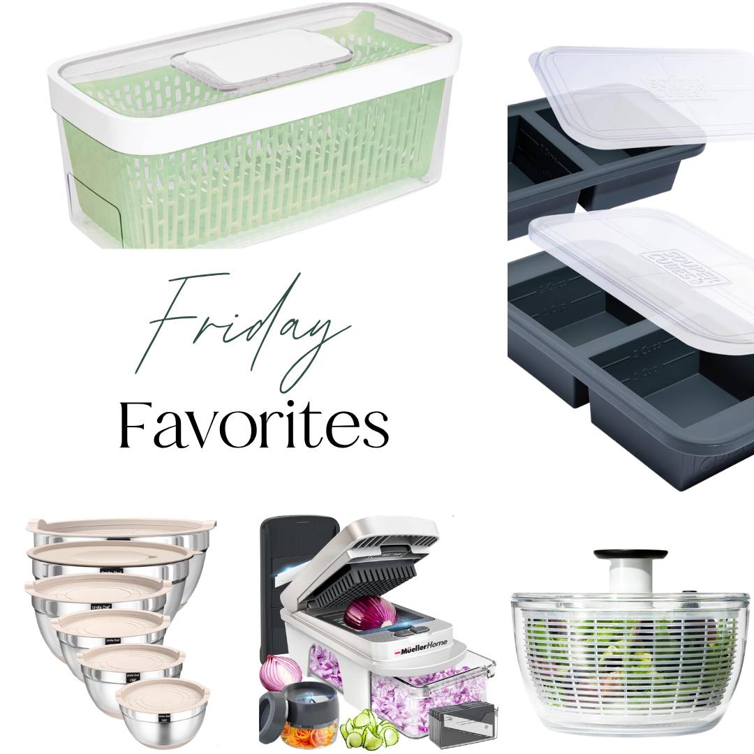 Graphic titled "Friday Favorites" featuring a collection of meal prep essentials, including a produce keeper, Souper Cubes freezer trays, nesting mixing bowls with lids, a vegetable chopper, and a salad spinner arranged on a white background.