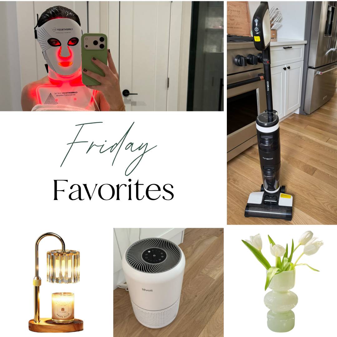 Collage featuring Friday Favorites for a Sunday reset, including a red light therapy mask and neck device, a cordless vacuum mop, a candle warmer with candle, an air purifier, and a green glass vase with white tulips.