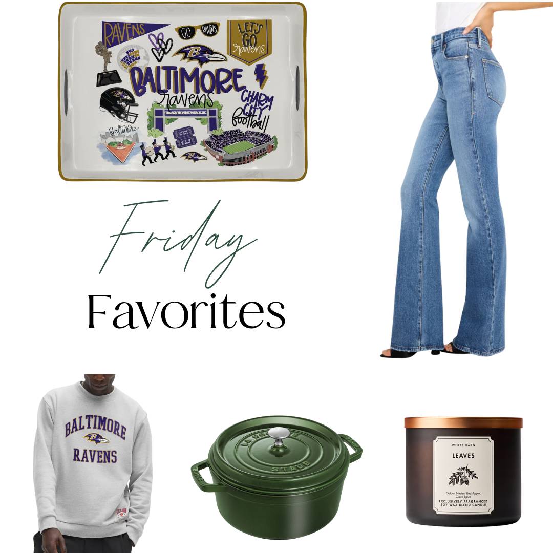 Friday Favorites fall finds featuring a Baltimore Ravens tray and sweatshirt, bootcut jeans, a green Staub Dutch oven, and a Leaves fall candle.