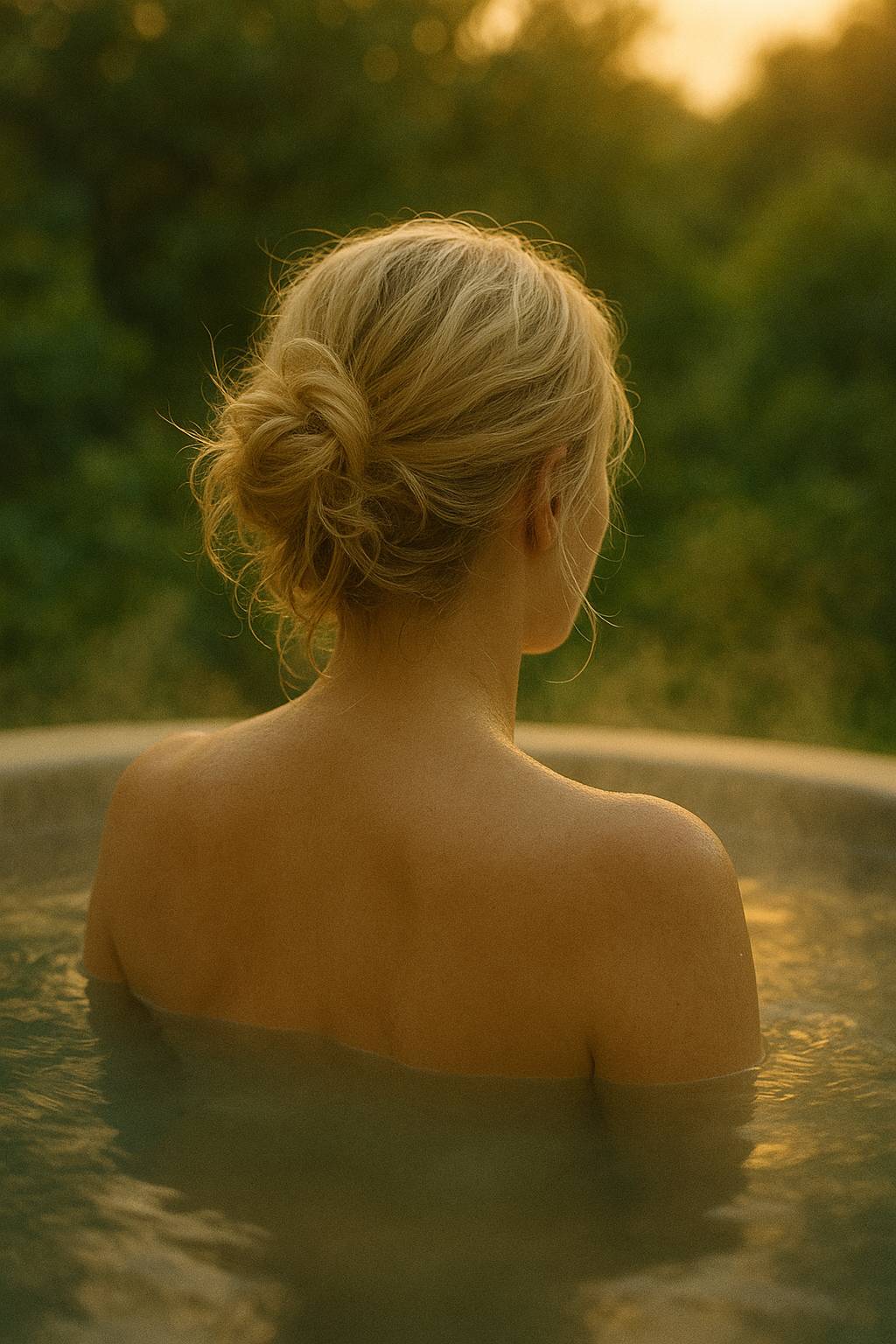 back view of a woman sitting in hot tub at sunset