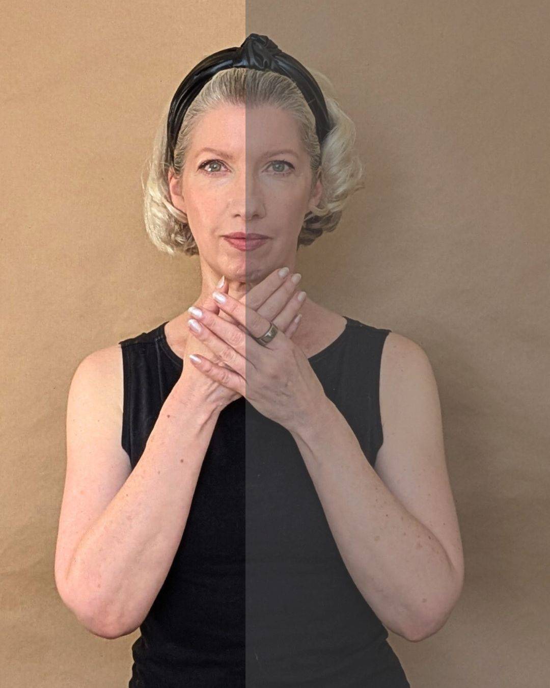 blonde woman face and torso screen split into light and dark