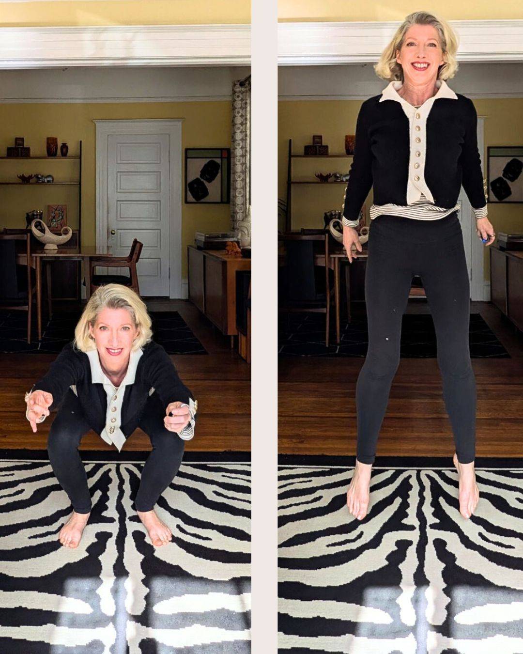 woman squatting then jumping