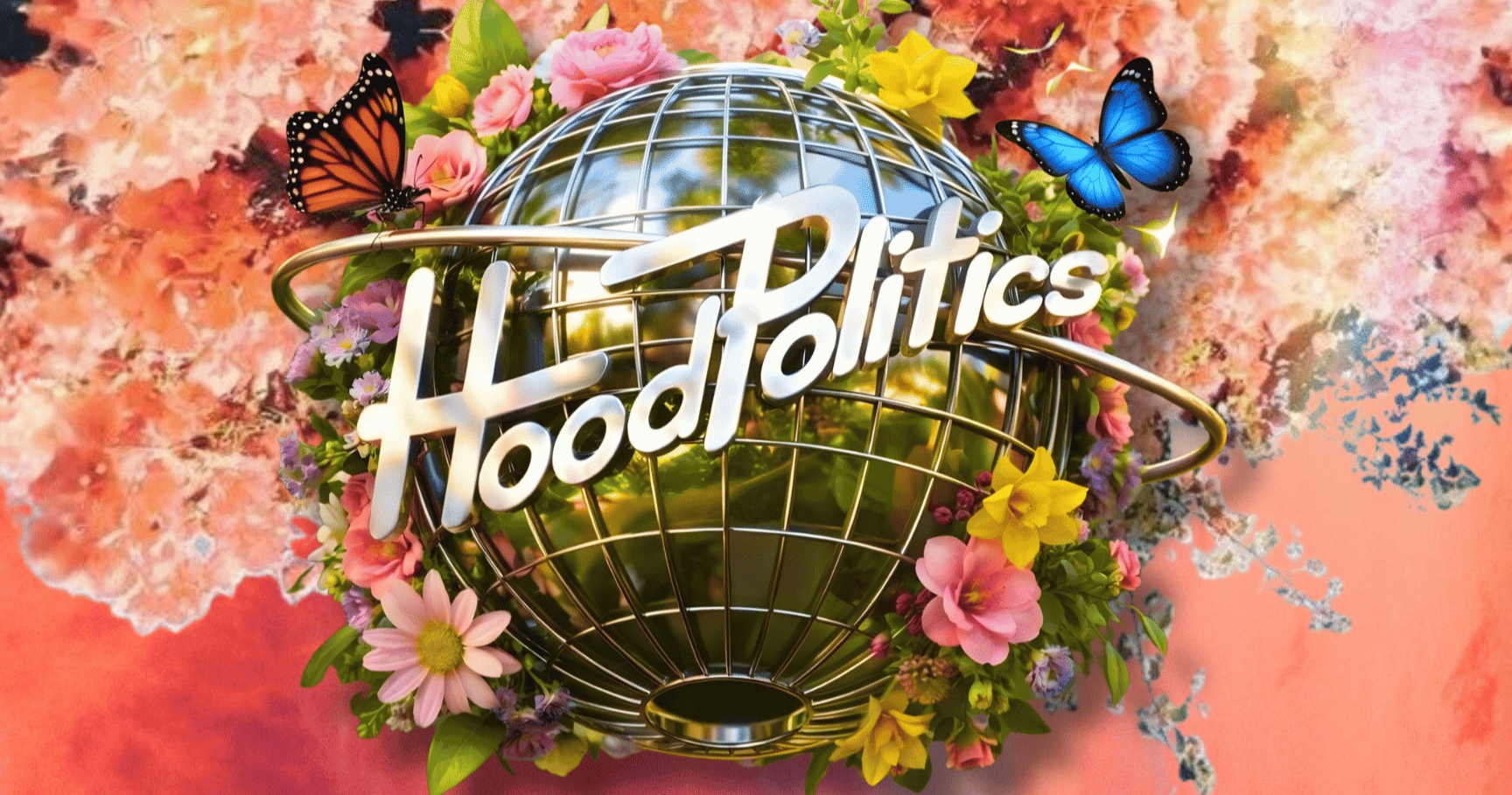 Hood Politics Records label logo with butterflys and flowers 