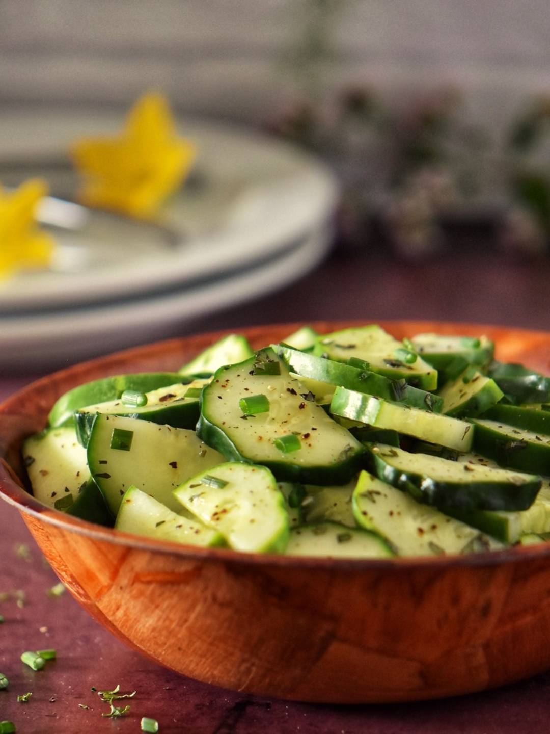 Cucumber salad in a salad bowl.