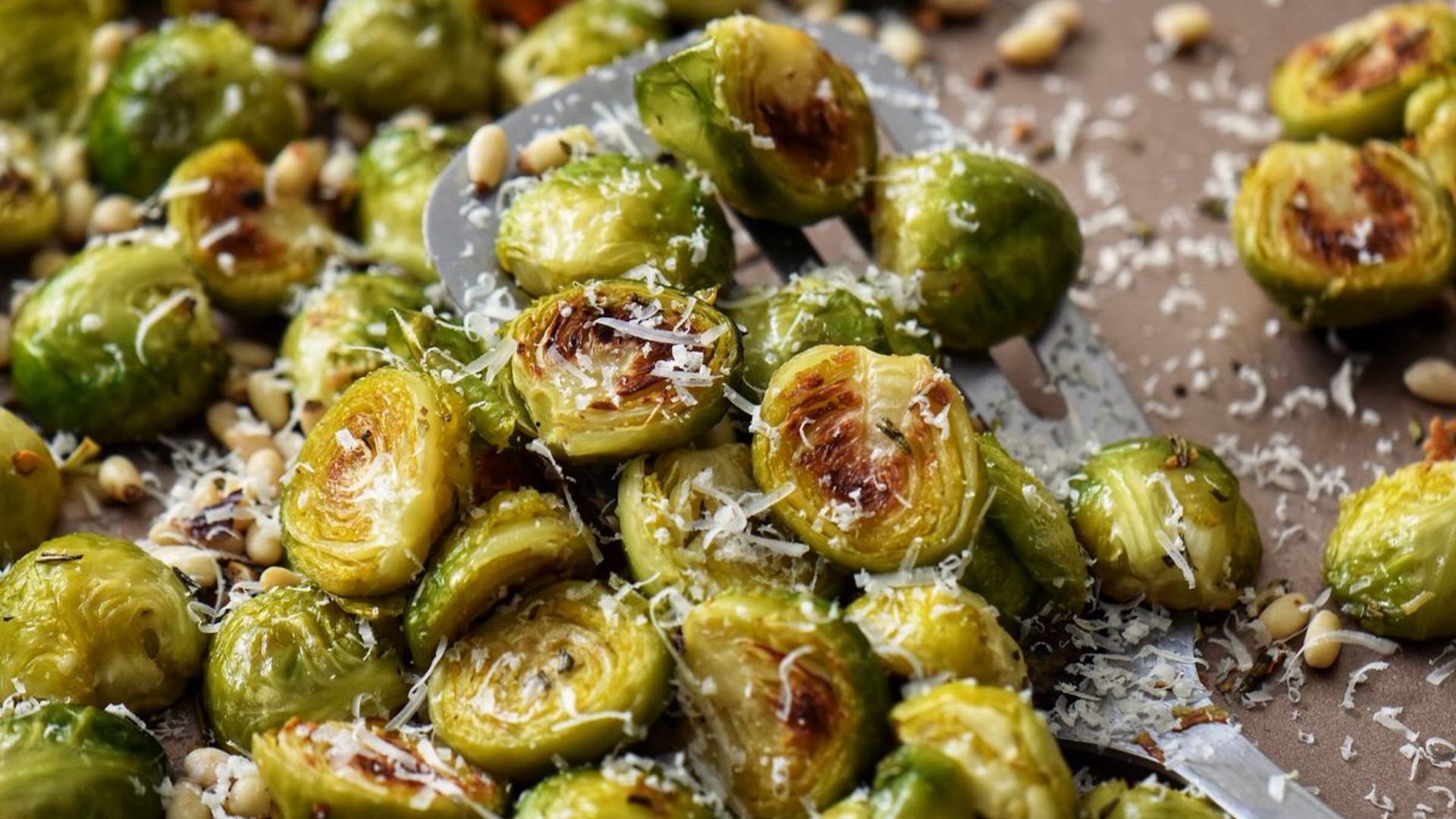 Oven roasted brussels sprouts on a sheet pan.