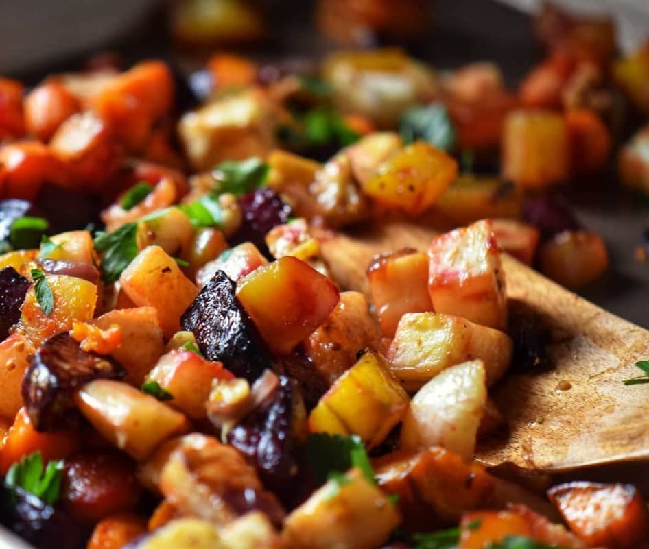 Roasted vegetables in a pan.