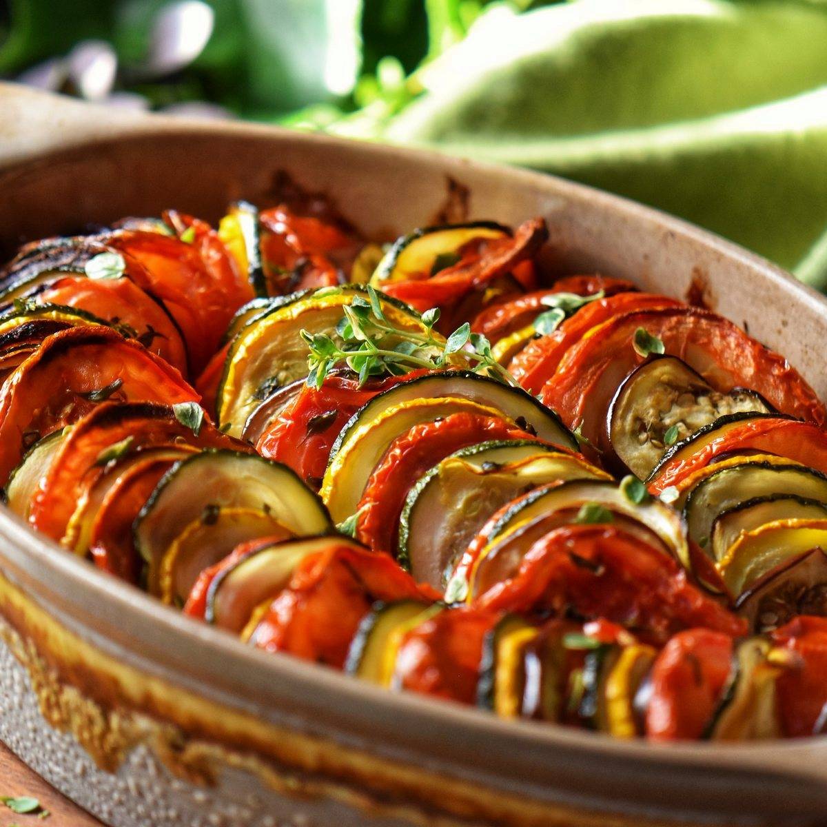 Mediterranean roasted vegetables in a casserole dish.