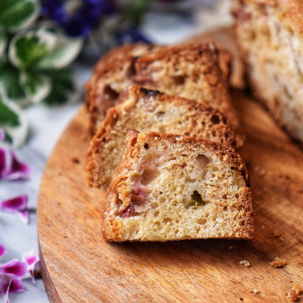 Rhubarb cake on a platter.