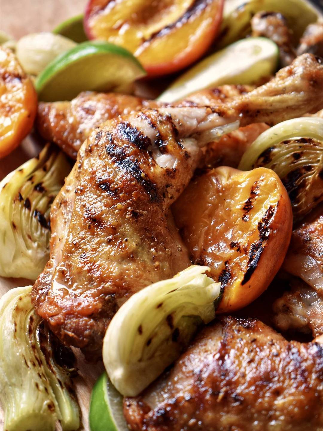 Grilled chicken with fennel and peaches.