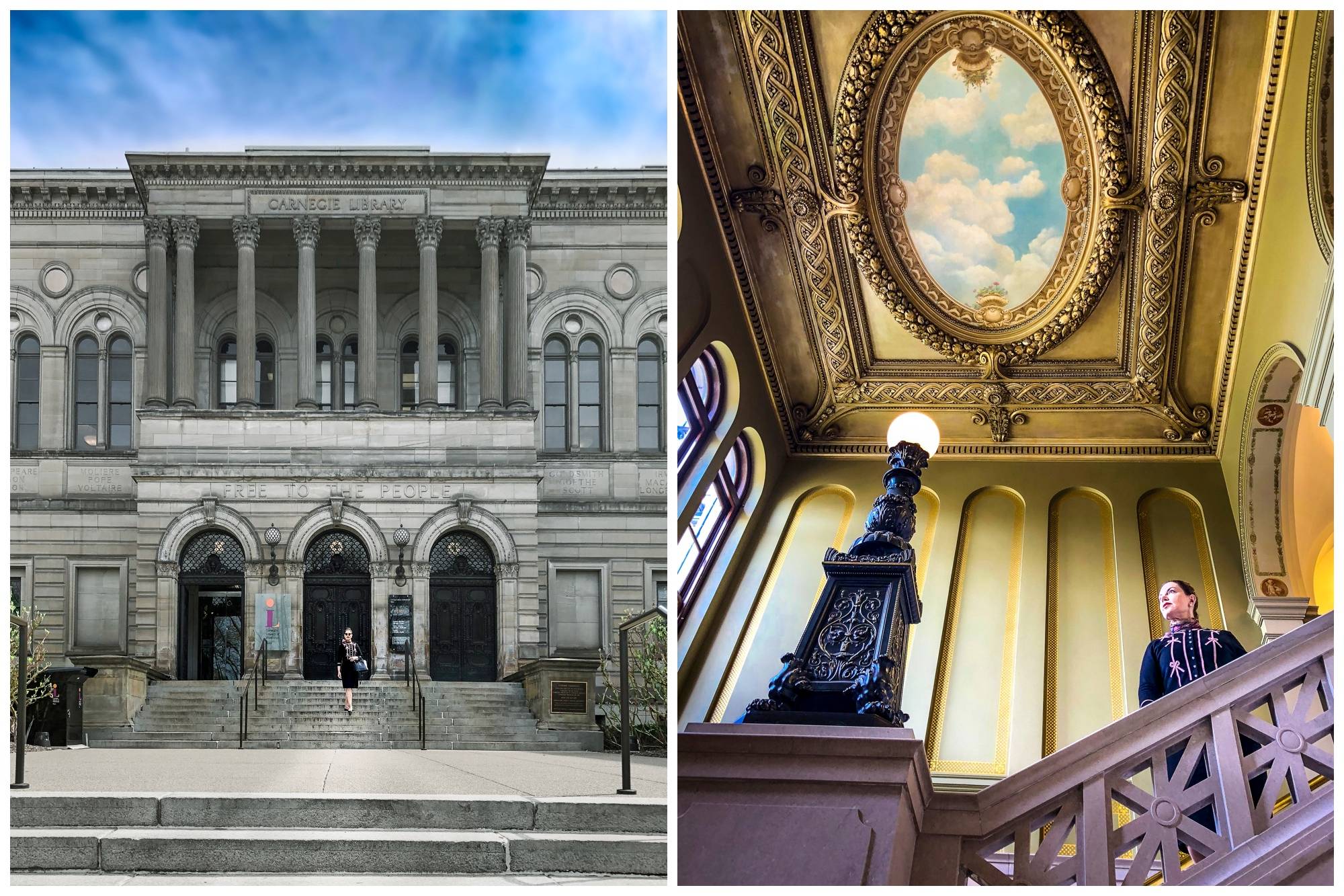 Split image showing the exterior and interior of a grand historic library: on the left, a stone building with tall columns and arched entrances labeled “Carnegie Library”; on the right, an ornate interior staircase with a decorative lamp post, intricate g