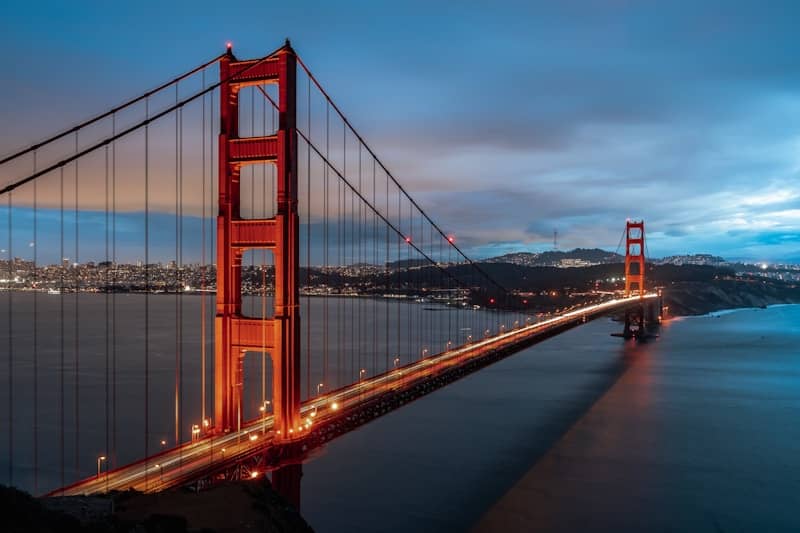 The golden gate bridge at dusk with city lights.