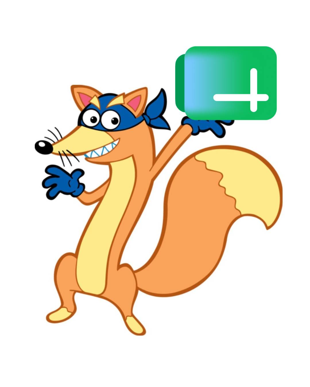 Cartoon fox character Swiper from Dora the Explorer reaching out to grab a green Google Sheets icon, illustrating the post's "swipe this resource" framing