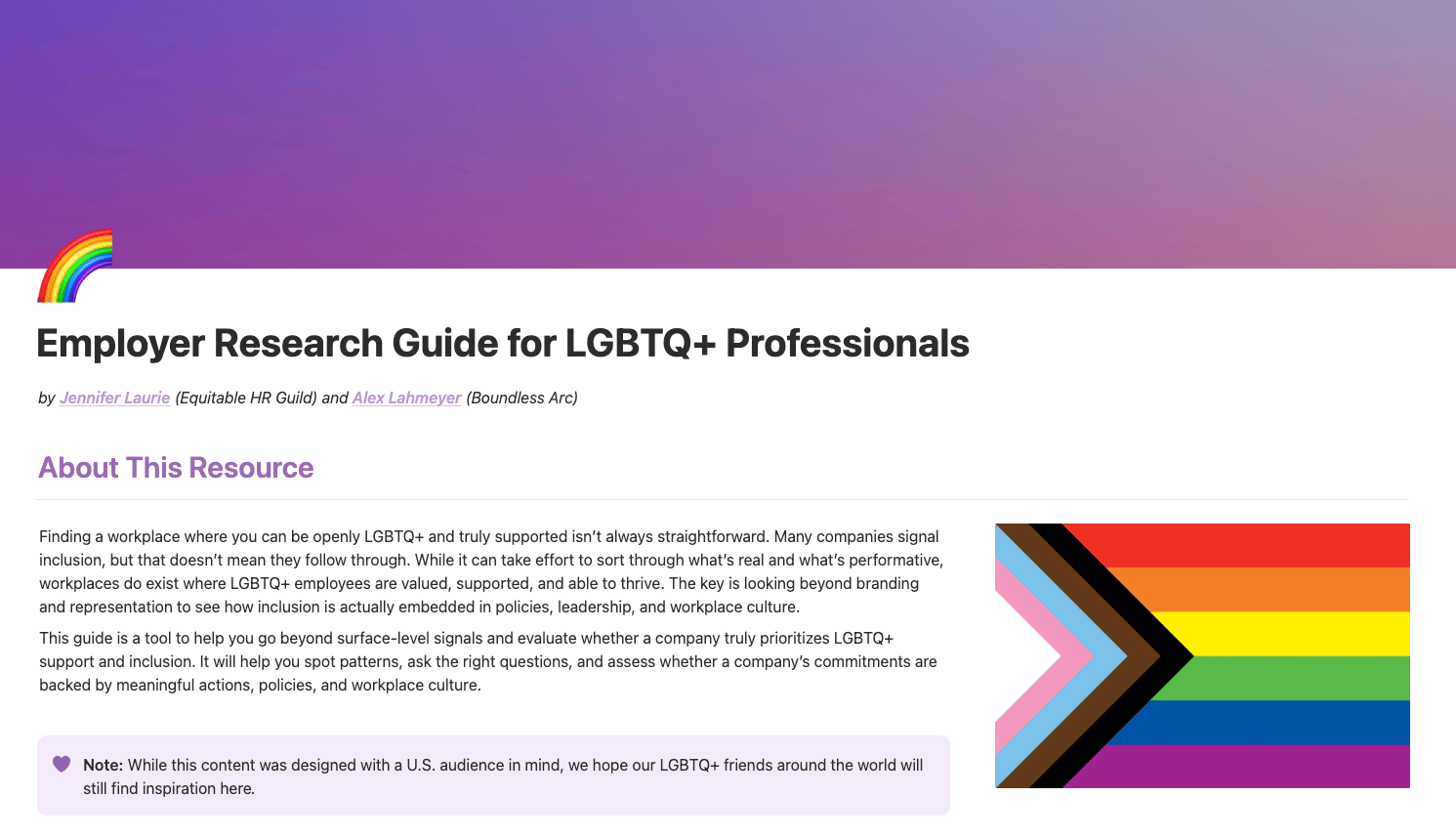 A screenshot of the introduction for the Employer Research Guide for LGBTQ+ Professionals