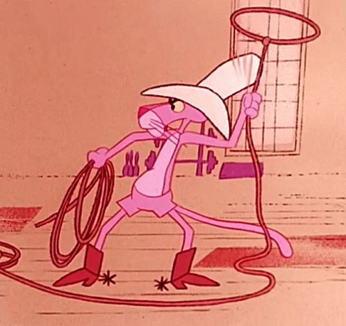 A gif of the Pink Panther dressed as a cowboy and spinning a lasso