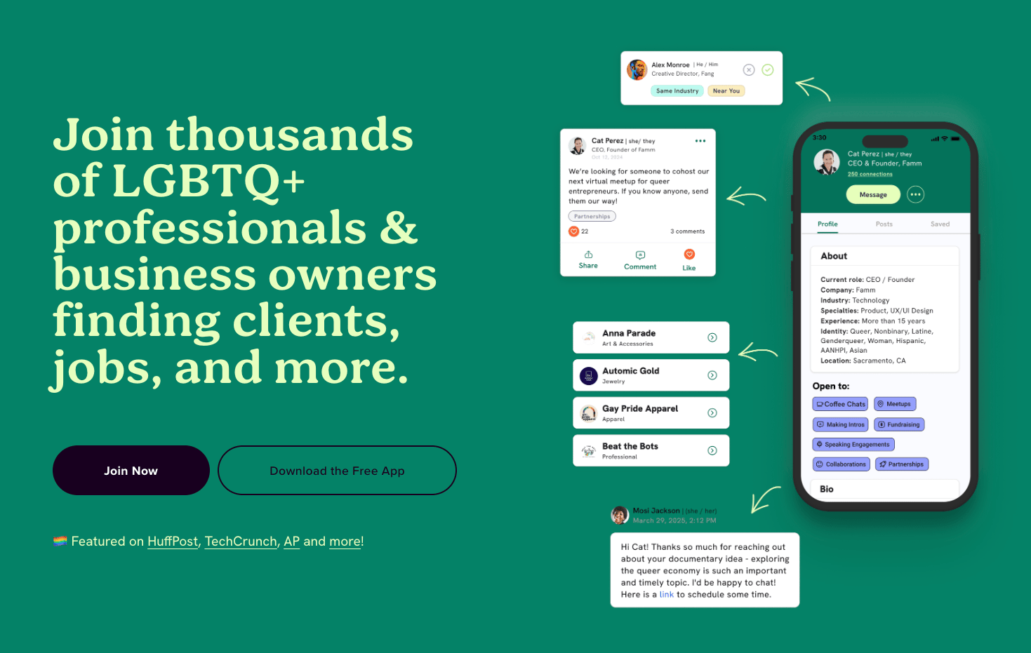 A screenshot of the Hey Famm home page with screenshots of app features